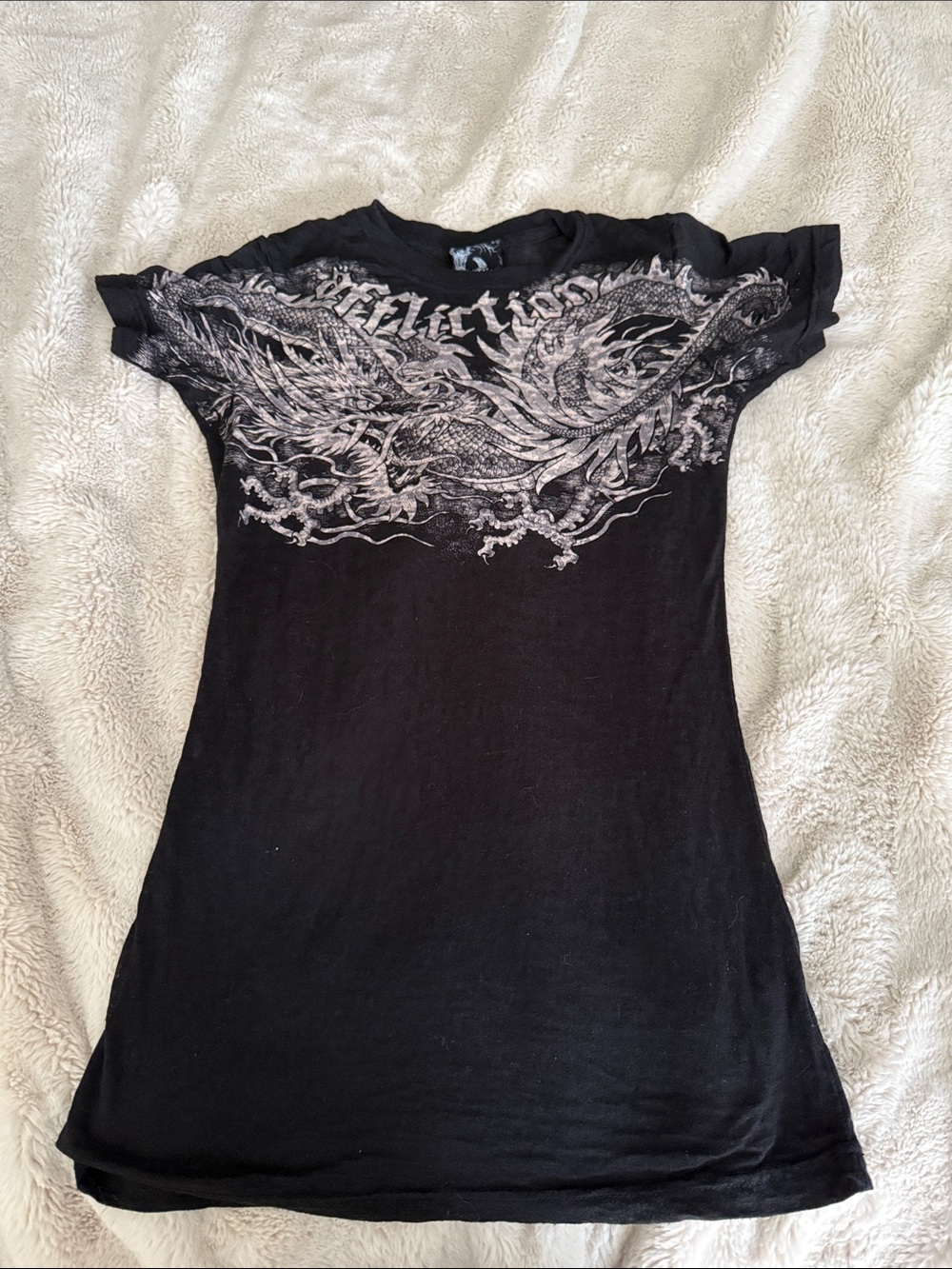 Affliction Black Women's Short Sleeve Tee with Silver Dragon Graphic - Picture 1 of 1